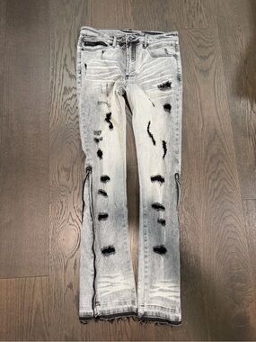 Men's Light Gray Distressed Flare Jeans